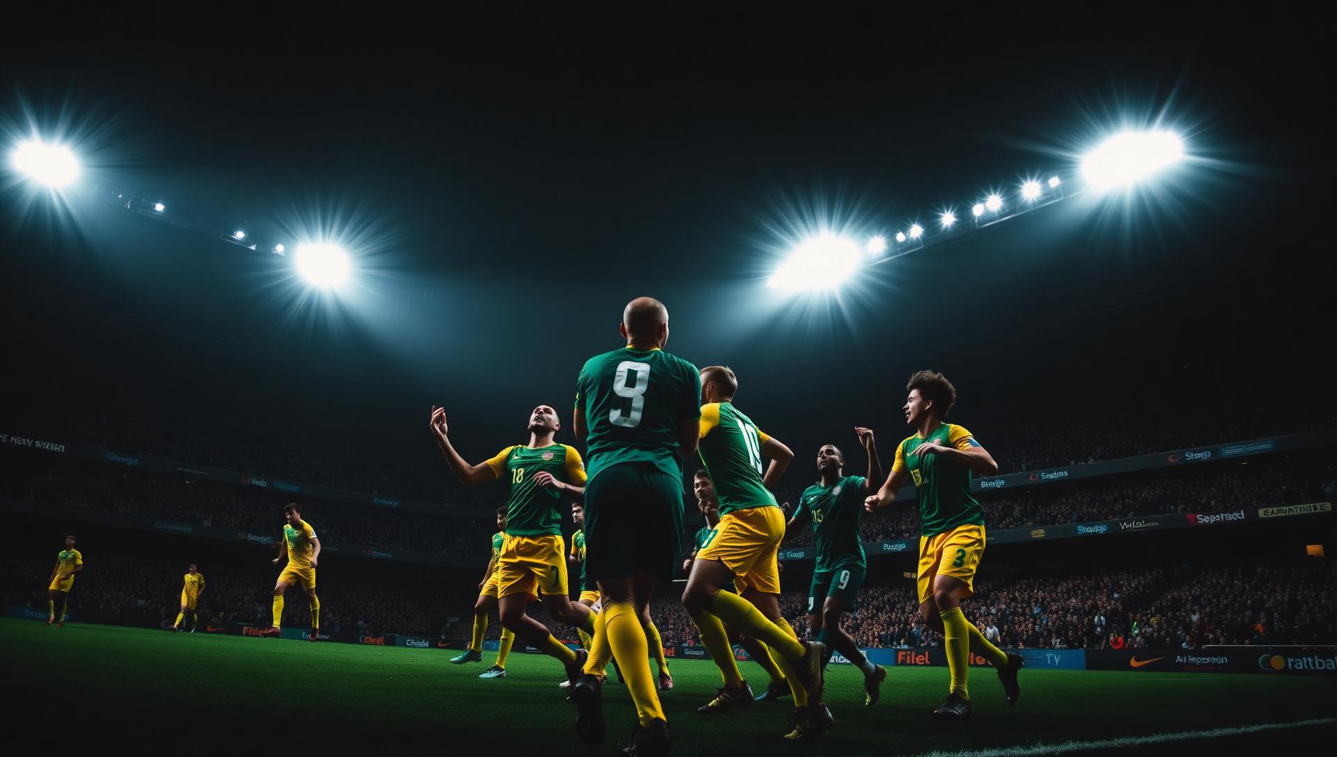VictoryClub players celebrating under stadium lights
